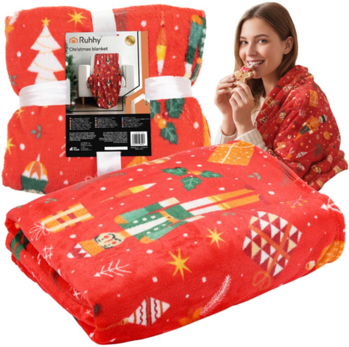 Ruhhy Grote flanellen kerstdeken 150x200 cm – warme plaid in rood met feestelijk patroon Multi