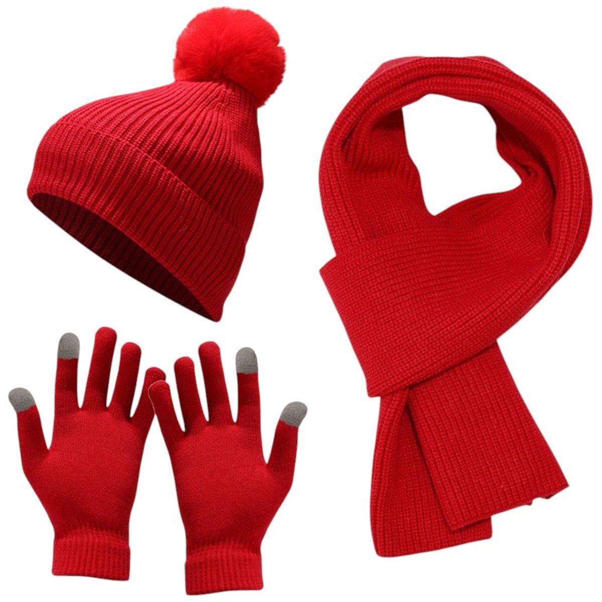 Wintermuts-Sjaal-Handschuhe-Set-Wol-Zittend-Rood-3-Stuks