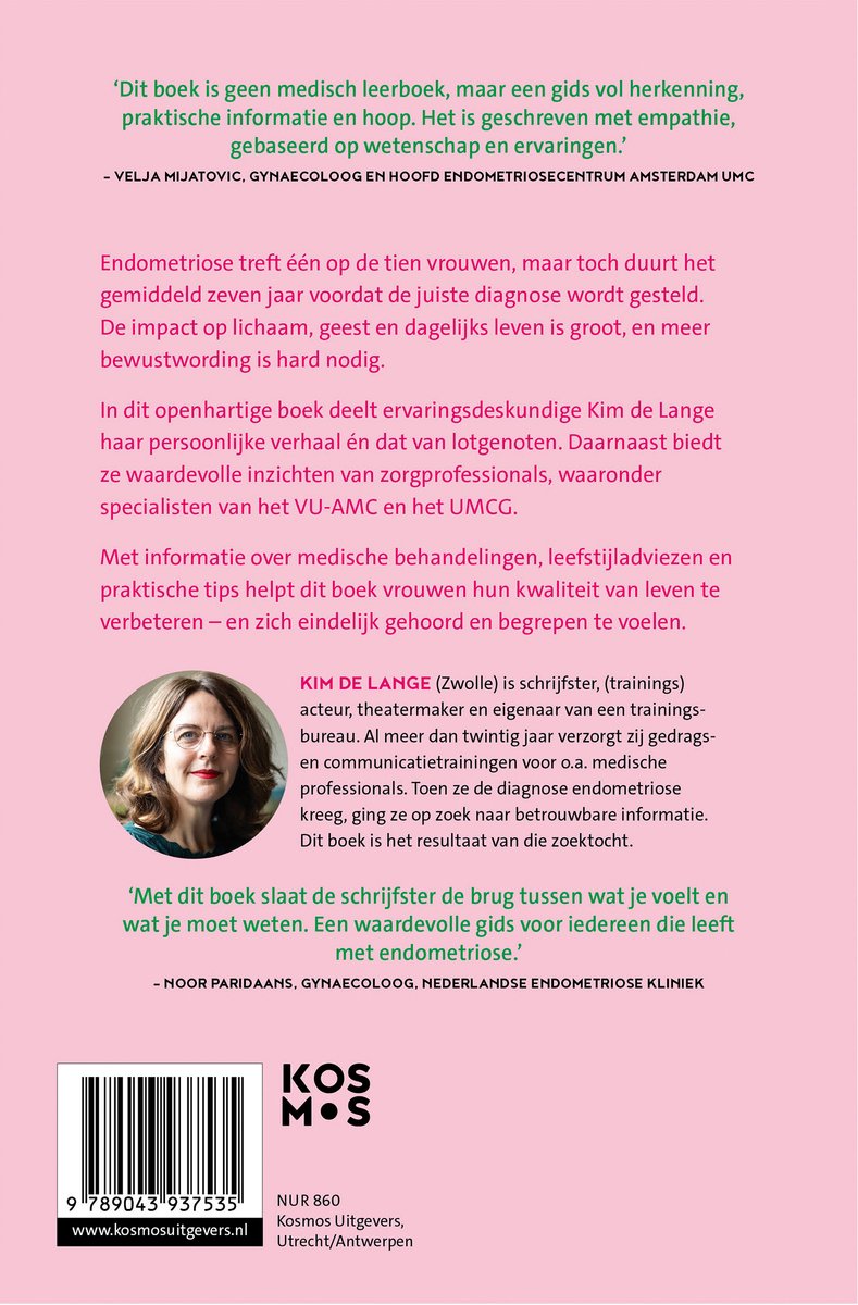 Achterkant van het boek "Leven met endometriose" met een foto van Kim de Lange.