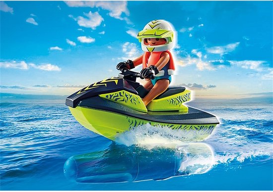Persoon op een limegroene waterscooter met zwart tijgerpatroon op het water.