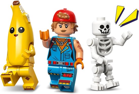 Figurines LEGO Fortnite : une banane jaune, un aventurier et un squelette.