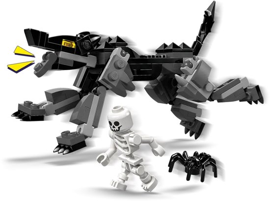 Figurines LEGO Fortnite : un loup gris, un squelette et une araignée.