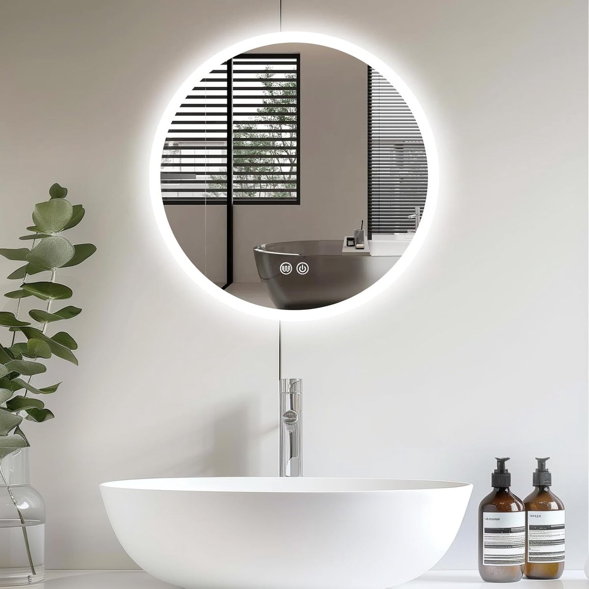 Spiegel met verlichting, ronde spiegel 50 cm, badkamerspiegel met verlichting met aanraakschakelaar, dimbaar, 3 lichtkleuren, instelbaar, condensvrij, wandspiegel, badkamerspiegel