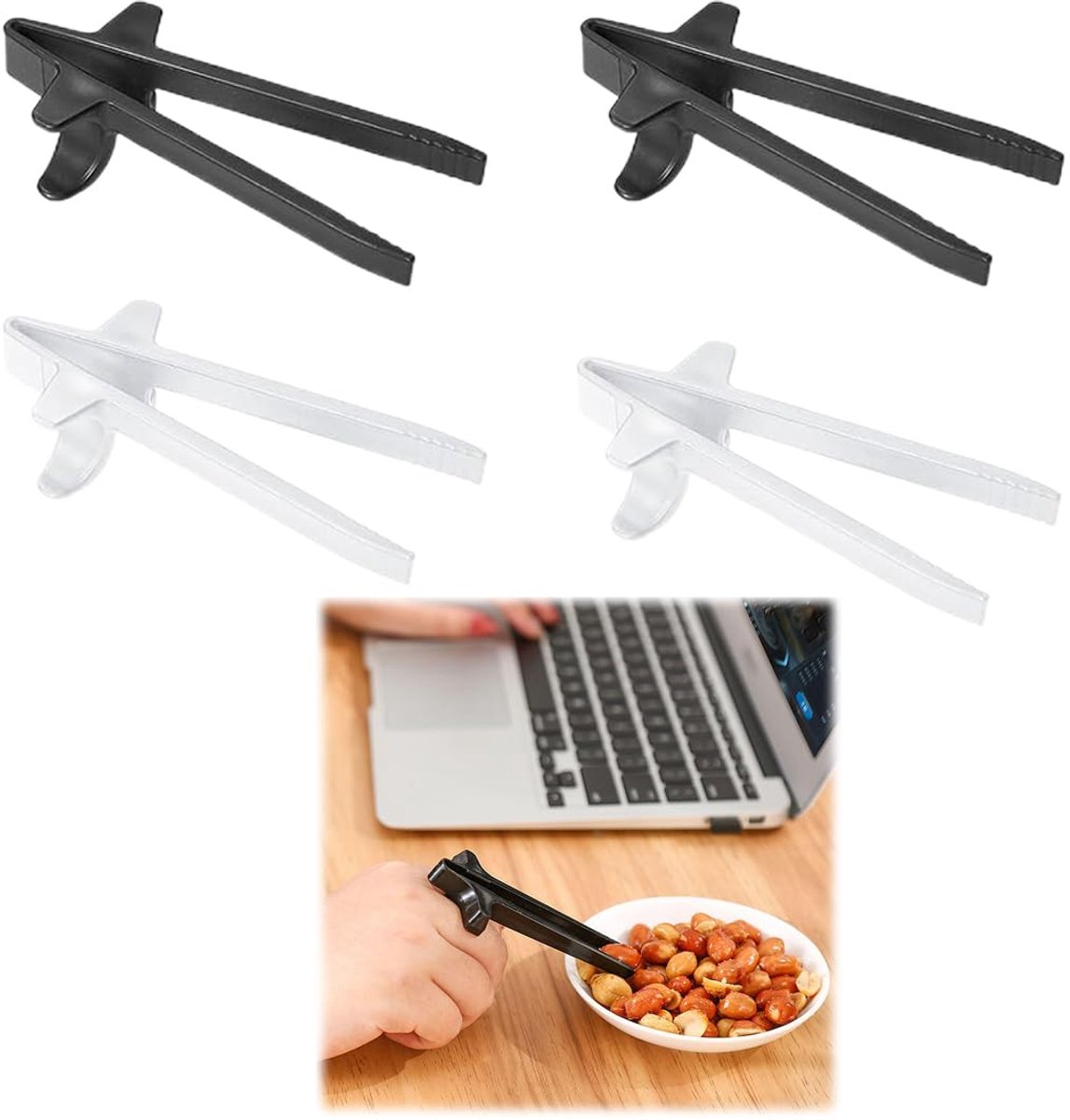 4x Snack Finger Clips voor Gamen – ABS Kunststof, Anti-Vet Handen, Handige Snackdispenser voor Gamer & Multitaskers, Wit/Zwart