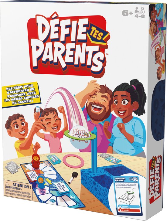 Doos van het spel "Défie tes Parents" met een gezin dat plezier maakt tijdens het spelen.