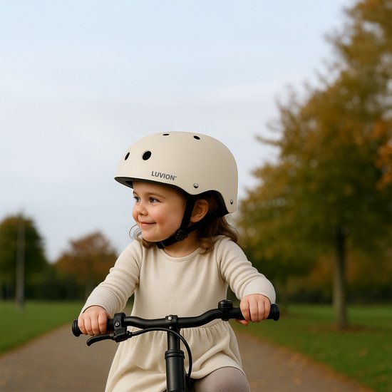 Meisje met krullen in een zandkleurige helm met LUVION® logo, op een fiets in de herfst.