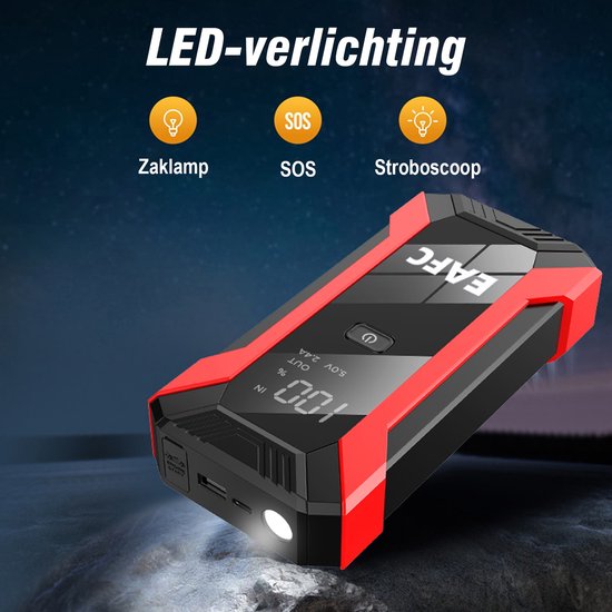 Zwarte en rode EAFC jumpstarter met verlichte LED-zaklamp, SOS en stroboscoop.