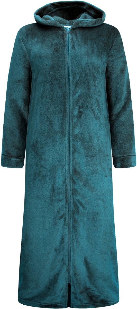 Extra Lange Dames Rits Badjas met Capuchon en Zijzakken - Ochtendjas - Superzacht Coral Fleece - Teal Groen - Maat S/M - 8206-Green