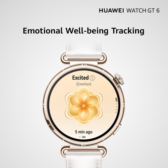 Gouden smartwatch met witte band, scherm toont "Excited (Emotion)".