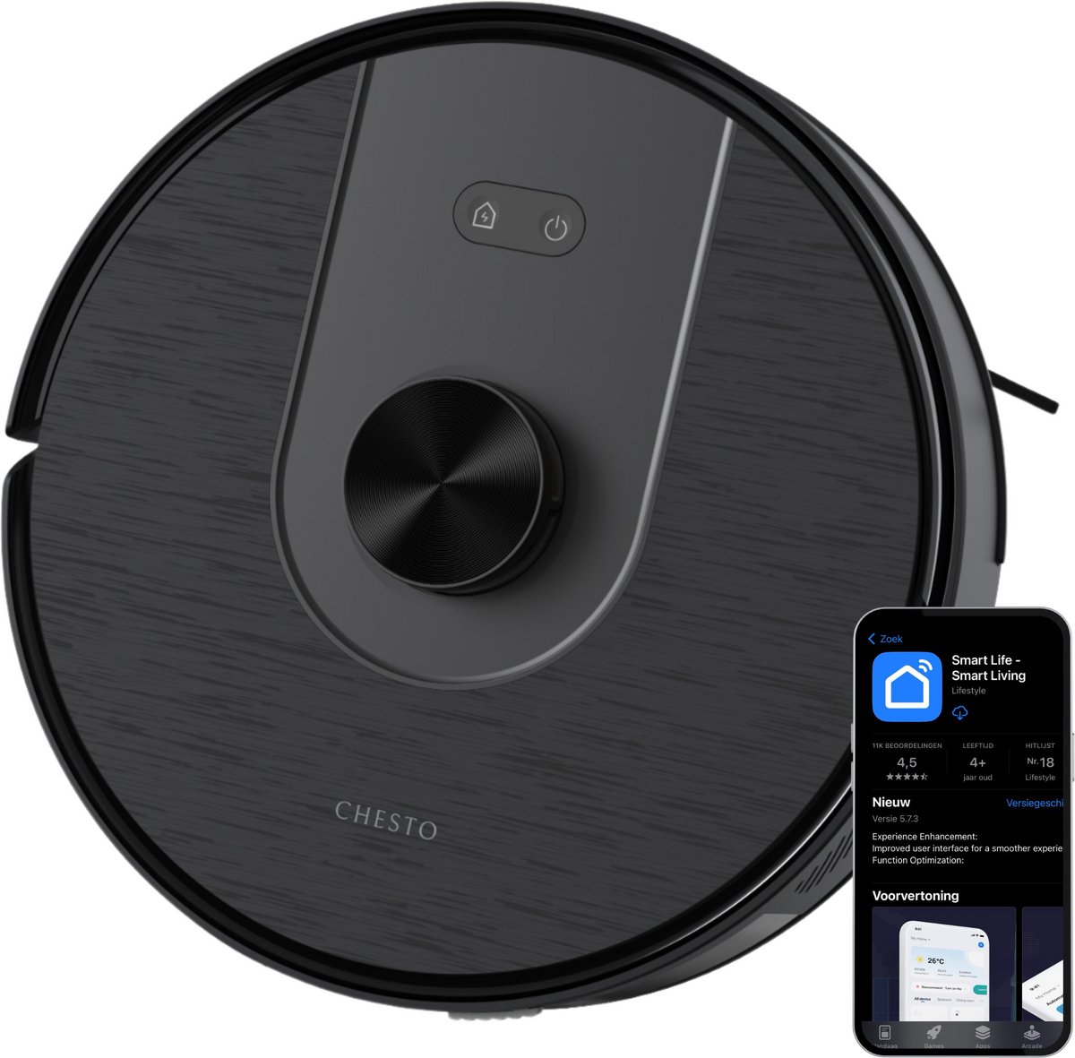 Chesto T2 Pro 3-in-1 Robotstofzuiger met Dweilfunctie – 5000 Pa - Geschikt voor Dierenharen - LDS navigatie - App-besturing
