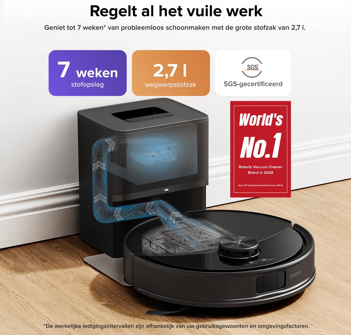Afbeelding 2 van Roborock Q10 S5+ Robotstofzuiger en Dweil met Zelflediging– Zuigkracht van 10000 Pa– Handsfree Reinigen tot 7 Weken– Dubbel Anti-klitontwerp– Automatisch dweilen– Obstakelvermijding–Zwart–S8 Plus Upgrade–2 Stofzakken