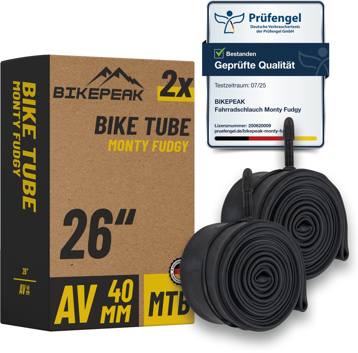 BikePeak 2x binnenband Monty Fudgy MTB 26 inch AV Auto ventiel 40mm 40/62-559 - 2-pack fietsbinnenband voor mountainbike en gravel fiets