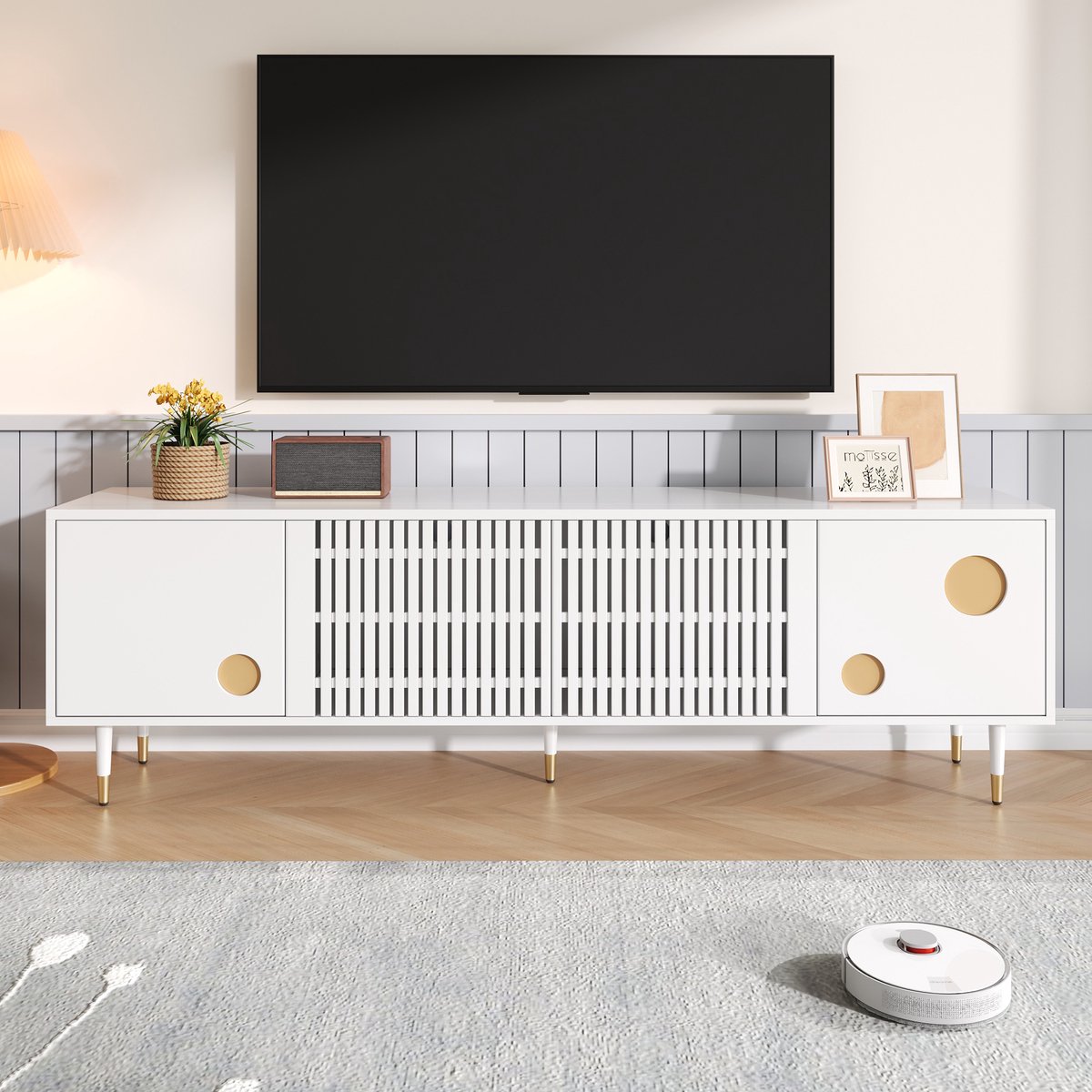 PHOEBE CAT TV kast - Gaasdeuren - Verborgen handgrepen - Gouden afwerking - Wit