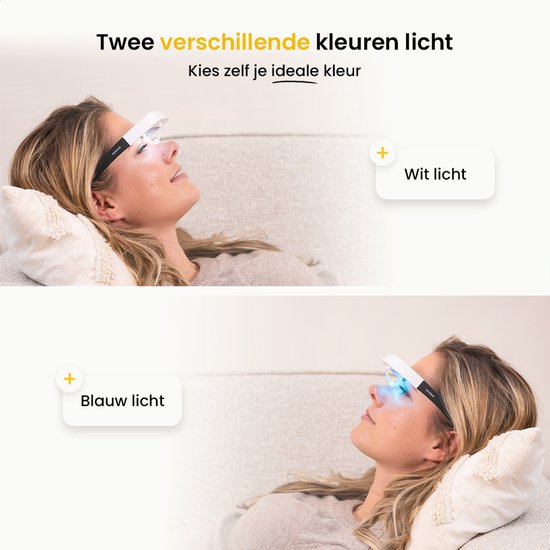 Vrouw draagt daglichtbril met wit licht en blauw licht opties. Tekst: Twee verschillende kleuren licht.
