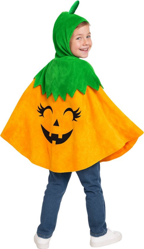 Joya Kids® Verkleedcape Pompoen Kind | Halloween Kostuum | Met Capuchon & Klittenband | Zacht Fleece | Cape Pumpkin Verkleedpak Kinderen | 110 cm