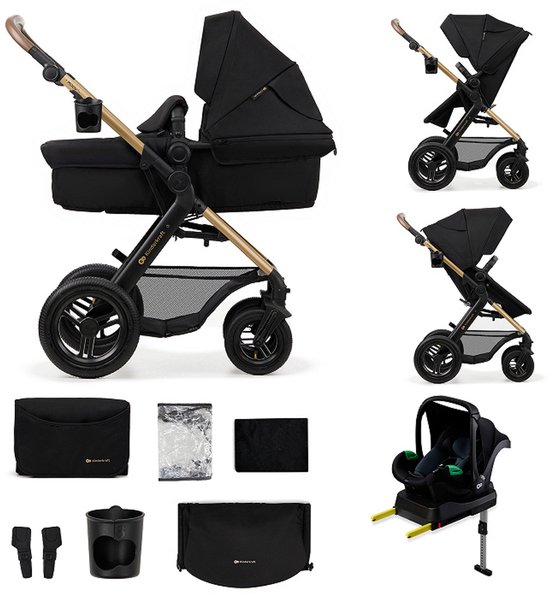Een set van de Kinderkraft MOOV kinderwagen in het zwart, met gondel, zitje, autostoel en accessoires.
