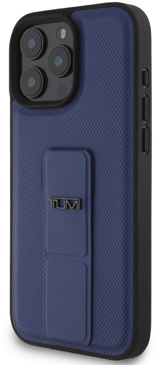 Tumi Back cover - iPhone 16 Pro Max - Blauw - Leer met Grip Stand - Geëmbosseerd Ballistic Patroon