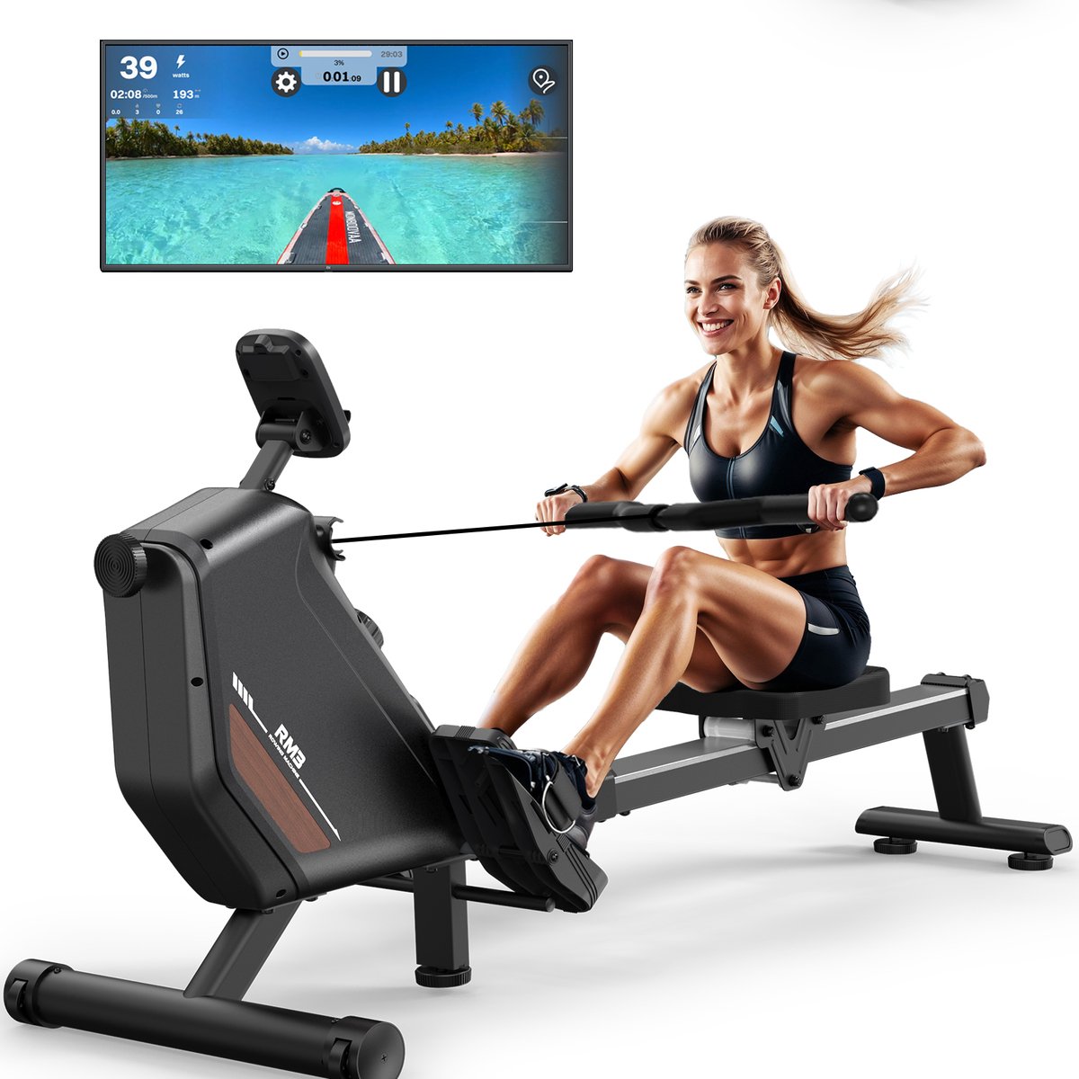 MettleMatic Roeimachine - 300 Newton 16 - niveaus Magnetische Weerstand, Bluetooth & 165 kg Laadvermogen - MettleMatic - €189,99