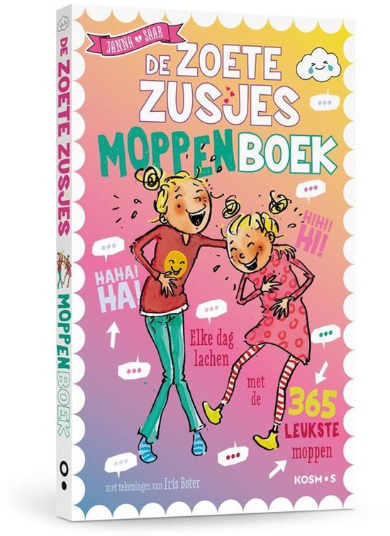 Boek "De Zoete Zusjes Moppenboek" met twee lachende meisjes, "De Zoete Zusjes" op de rug.