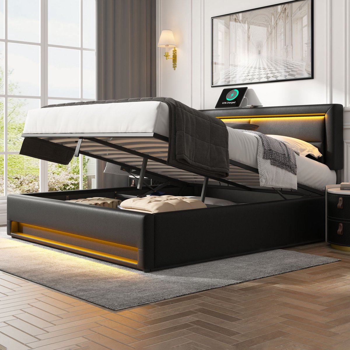 Gestoffeerd bed 160 x 200 cm met USB-poort met LED-verlichting en opbergruimte zonder matras - zwart