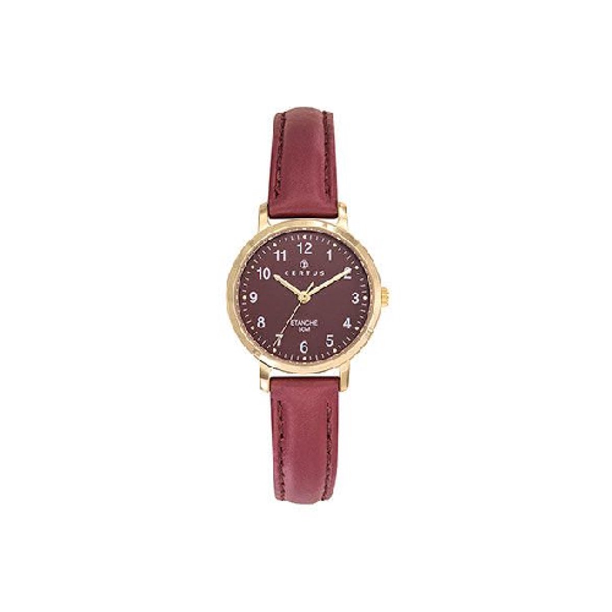 Certus-dameshorloge-model 646609-goudkleurig-wijnrood leder-duidelijke wijzerplaat-5 atm waterdicht-diameter 27 mm- made in France
