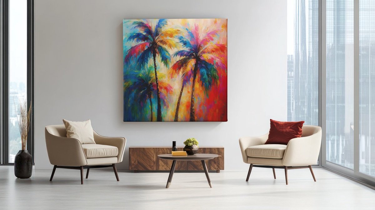Trendex Global Vierkant Canvas Schilderij - Kleurrijke palmbomen - Kunst - 40x40x2 cm