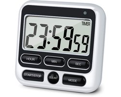 Digitale keukentimer met dempen/luid alarm, aan/uit-schakelaar, 24-uurs klok en alarm, geheugenfunctie, optellen en aftellen voor kooklessen voor kinderen en leerkrachten, groot lcd-scherm, sterke magneet (zwart)