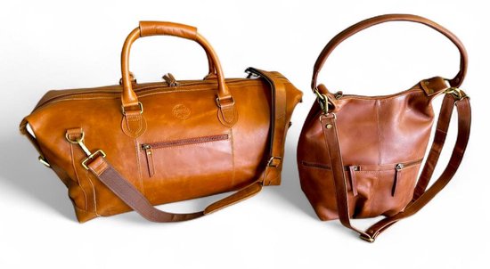 Sac de voyage en cuir de veau - Sac femme en cuir véritable - Ensemble de 2 sacs de Luxe - Sac de sport et cabas à bandoulière unisexes - Pellericca