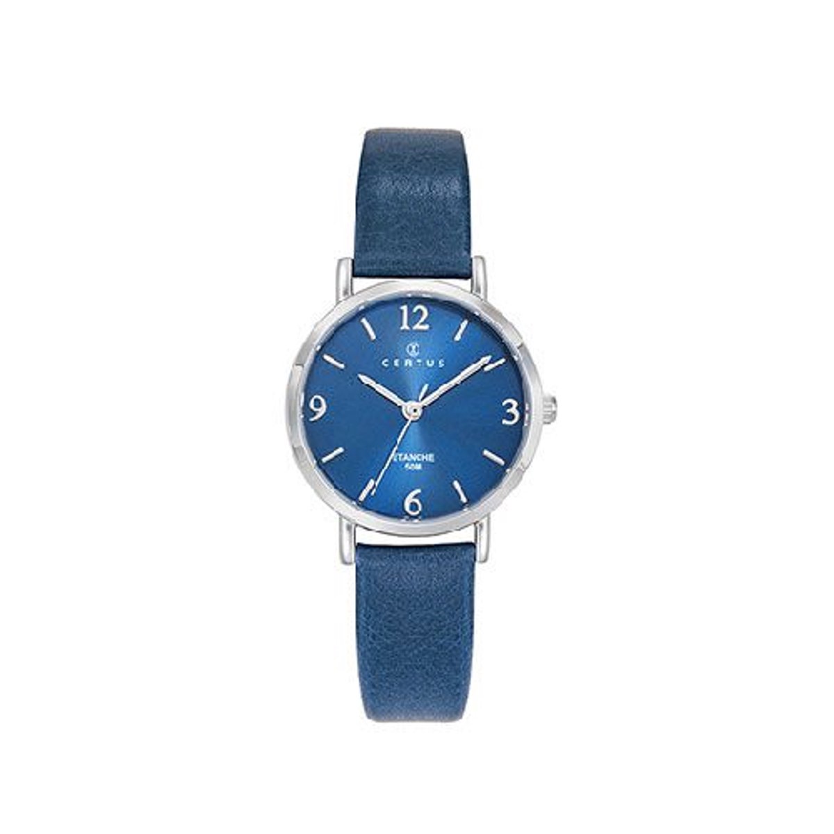 Certus-dameshorloge-model-644563-zilverkleurig-donkerblauw-lederen band-5 atm waterdicht-hoog draagcomfort-diameter 30 mm-made in France
