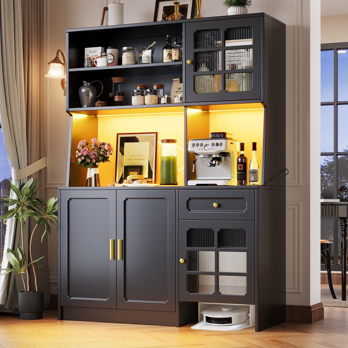 Keuken kast 130 x 45 x 180 cm - hoge kast - zijkast - met glazen deuren en LED verlichting - zwart