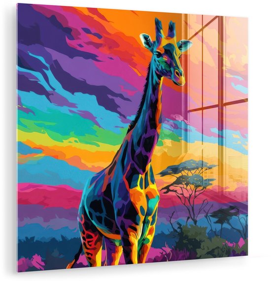 Glazen schilderij van een giraffe met levendige, regenboogkleurige patronen tegen een zonsondergang in de savanne.