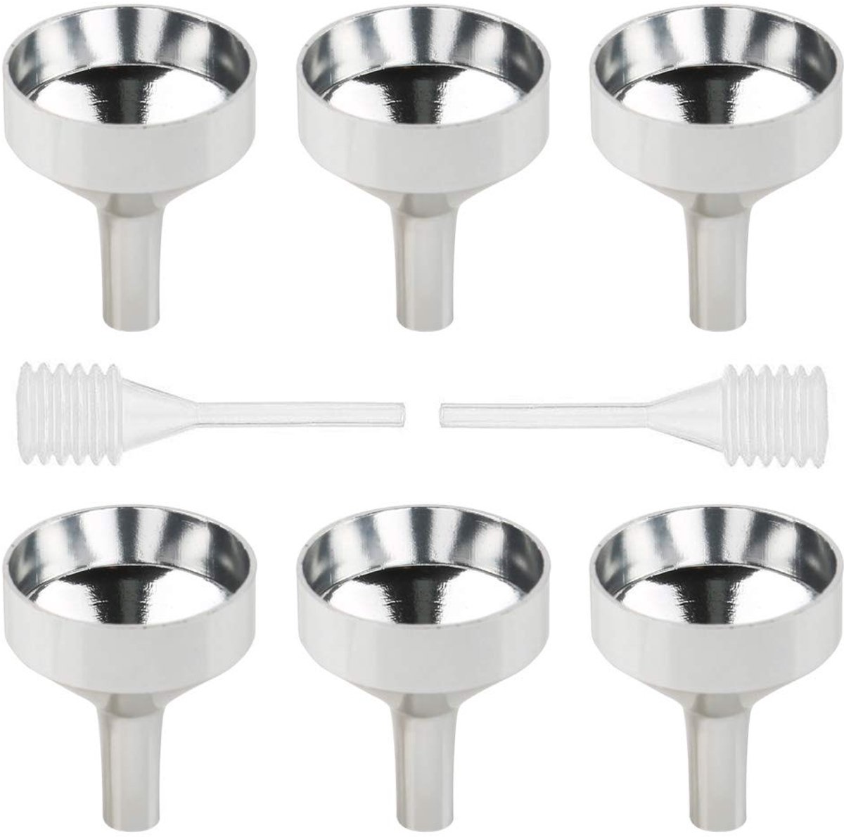 Trechter - 6 Stuks - Met 2 stuks minipipet - 1.8*2.1 cm - Zilver - Aluminiumlegering - Metalen essentiële oliën trechters - Kleine trechter - voor etherische oliën, parfumsprayflesjes en vloeistoffen