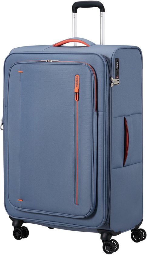 Blauwe koffer met oranje rits, oranje handvat en TSA-slot.