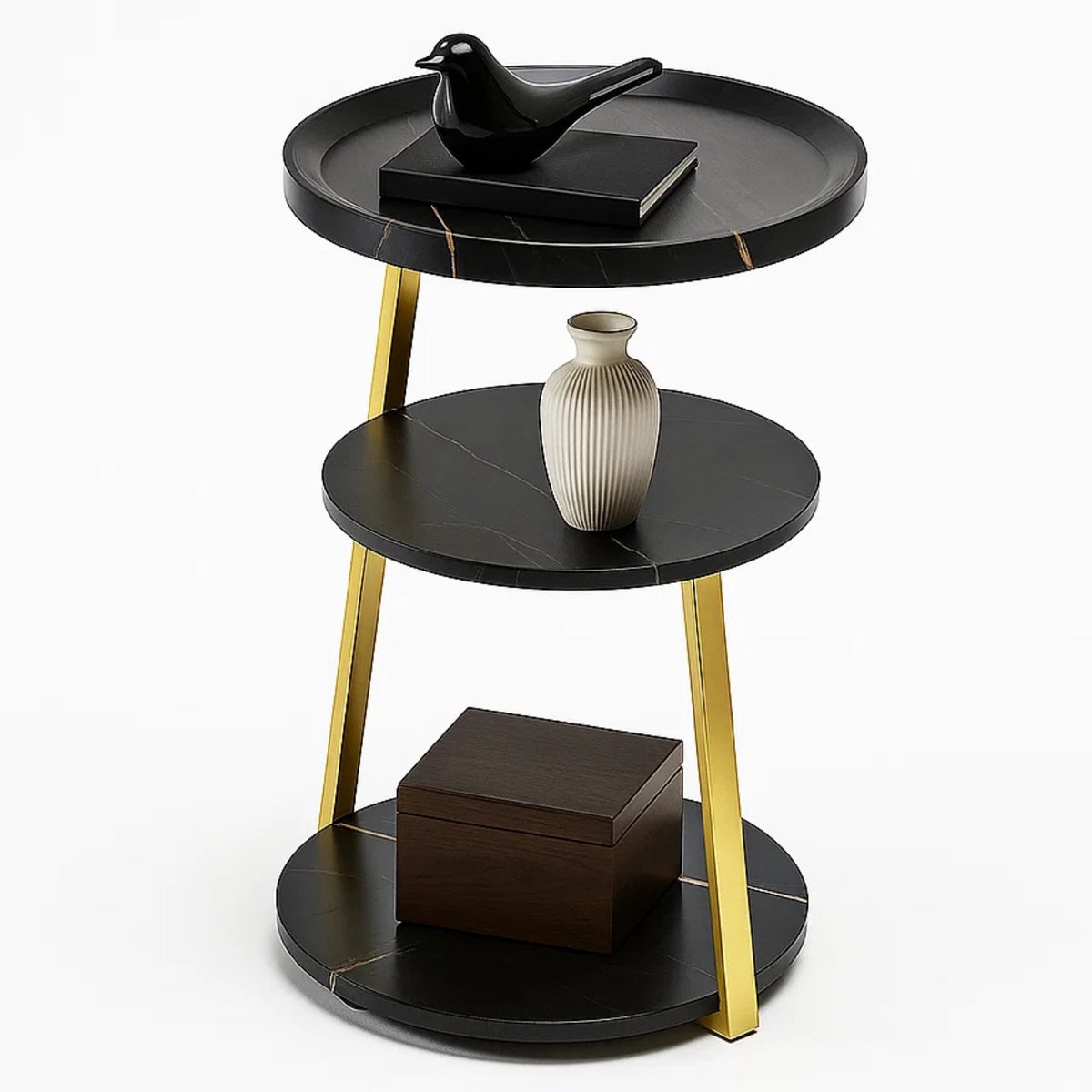Lomera Moderne Bijzettafel - Zwart Goud - Goudkleurig Metalen Frame - Zwart Gemarmerd - Mdf Materiaal - Ronde Bijzettafel - Woonkamer Tafel - Luxe Design - Marmer Look - Veelzijdigheid & Flexibiliteit - Ruimtebesparend - Stelpootjes nvt