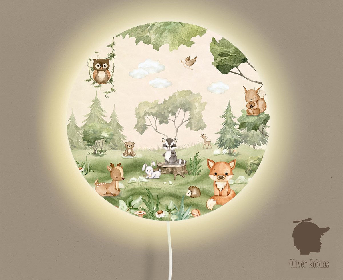 Wandlamp Woodland Joy Oliver Robins-sfeerverlichting-kinderkamer-bosdieren-vos-uil-hert-eekhoorn-wandverlichting