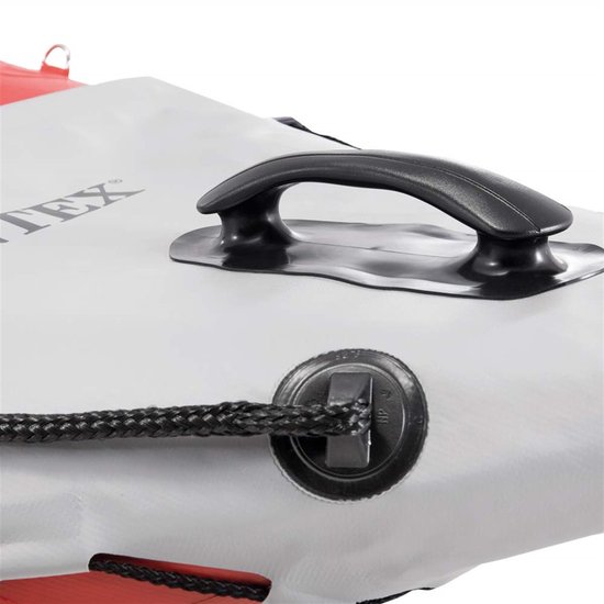 Grijze opblaasbare kajak met zwarte handgreep en koord, met 'INTEX' logo.