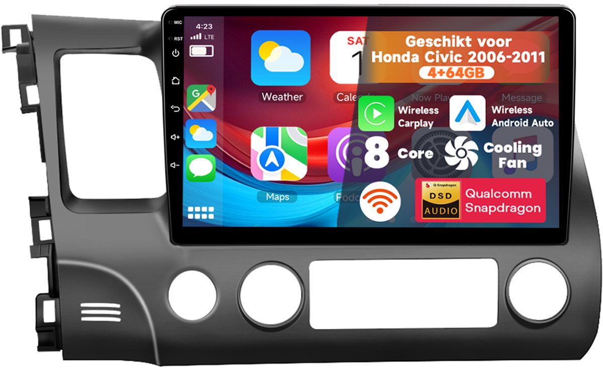 Boscer Autoradio Geschikt voor Honda Civic 2006-2011 - Android 15 - 8-Core 4+64GB - Interne Koeler - Apple Carplay & Android Auto (Draadloos) - 10.1 Inch HD IPS Touchscreen - GPS Navigatiesysteem - USB, WiFi & MP5 - Achteruitrijcamera & Microfoon