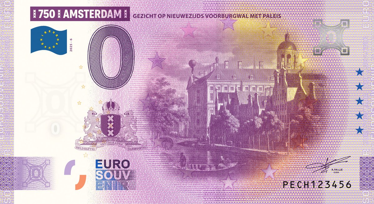 0 Euro biljet Nederland 2025 - Amsterdam VI Gezicht op Nieuwezijds Voorburgwal