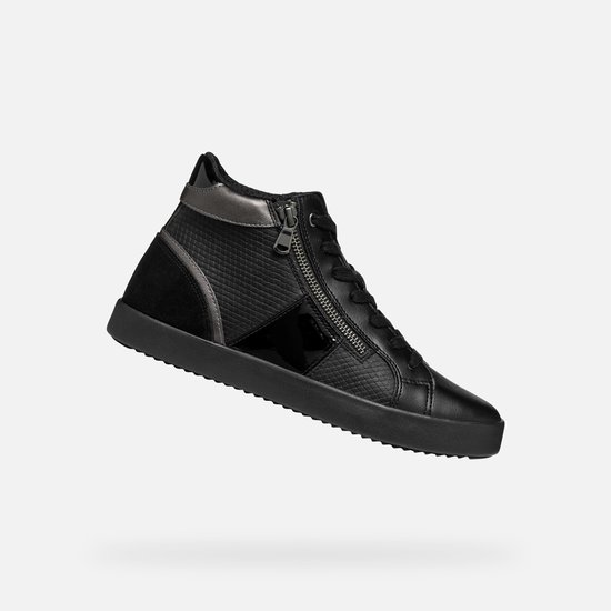 Sneaker montante noire Geox avec fermeture éclair, lacets et accents en daim.