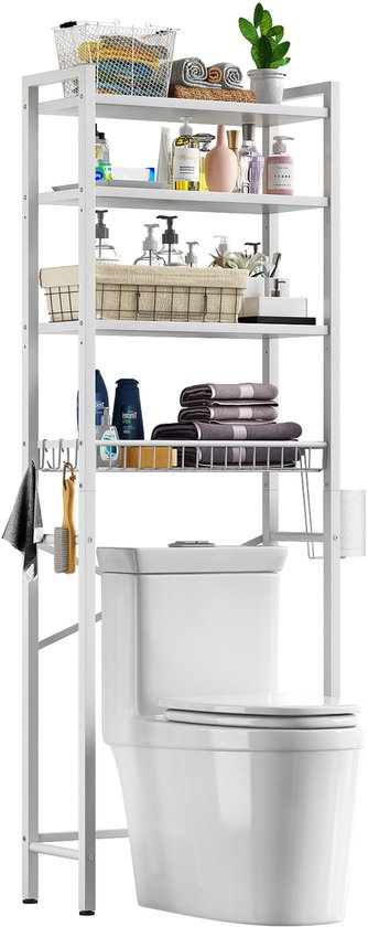 Étagère de rangement pour toilettes à 4 niveaux – Étagère de rangement autonome avec étagère et panier réglables – Étagère de salle de bain peu encombrante au-dessus des Toilettes – Wit