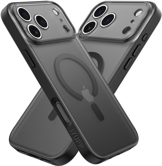 Twee doorschijnende matzwarte iPhone-hoesjes met MagSafe-ring, het IYUPP-logo zichtbaar.