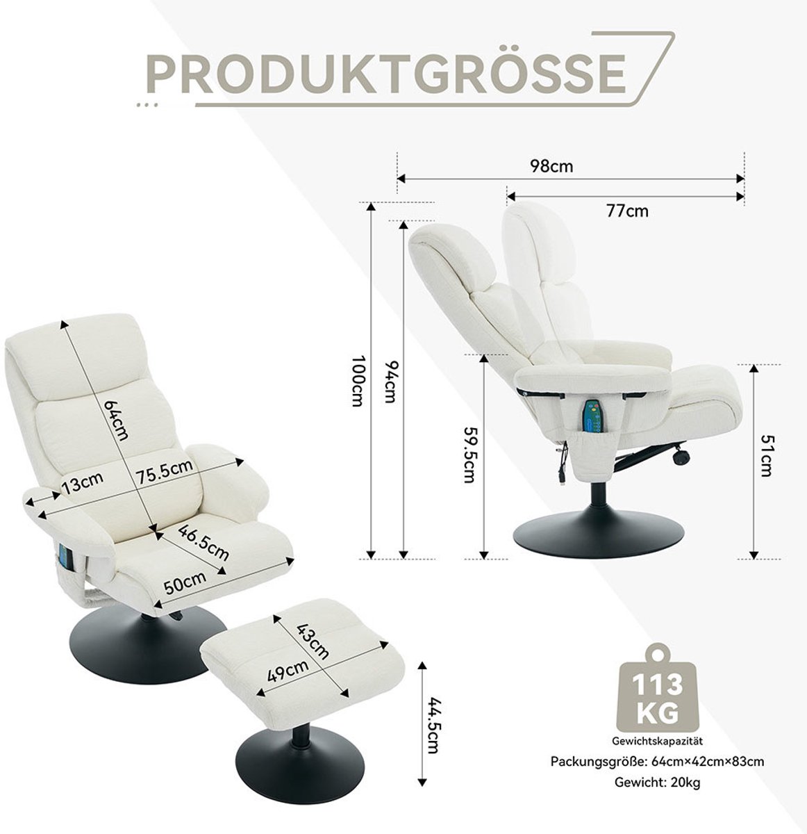 BLACKCOLORS Relaxfauteuil met kantelfunctie en 5-punts massage, tv-fauteuil met elektrische verwarming en voetsteun, 360° draaibaar, wit chenille – foto 3