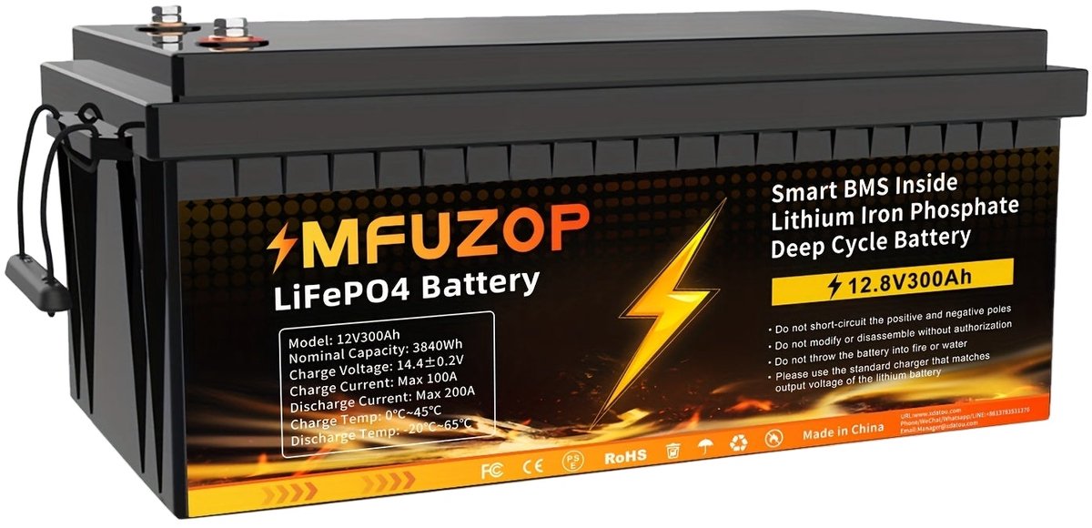 12V 300Ah Lithium-IJzerfosfaat Accu – LiFePO4 Batterij – Camper Accu – Caravan Accu – Energieopslag Accu – Intelligente BMS Bescherming – Langdurige Capaciteit