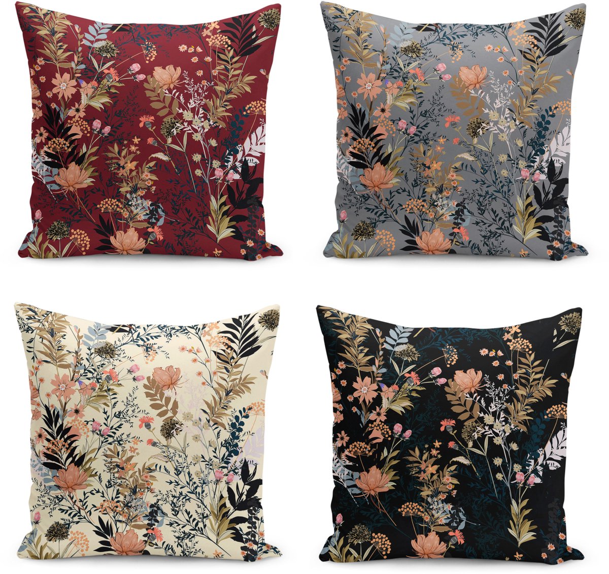 De Groen Home BLOEM - Sierkussen set van 4 - 45x45 - Velvet - Bloemen - Inclusief binnenkussen Bordeaux