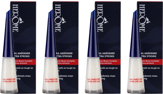 Vier flesjes nagelverharder 'Extra Strong' met doosjes op witte achtergrond.
