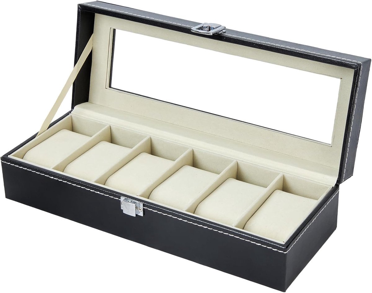 Horlogebox - Opbergdoos - Leer - Horlogedoos Heren Dames - Geschikt voor 6 stuks - Verwijderbaar Kussens - Watch Box - Sieradendoos - 30×11×8cm - Zwart