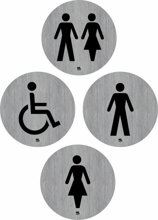 Ensemble de plaques WC en inox homme/femme/handicapés/homme,femme ø 75 mm adhésif