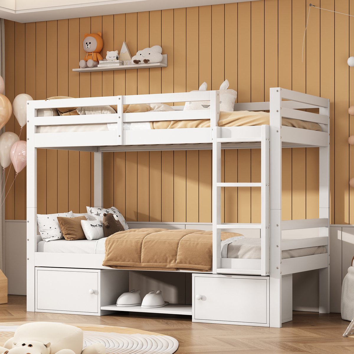 HAUSS SPOLE Stapelbedden Voor Kinderen - 90x200 - Kinderstapelbed Deelbaar In Twee Bedden Met Schoenenrek En Opbergruimte - Grenen - Wit