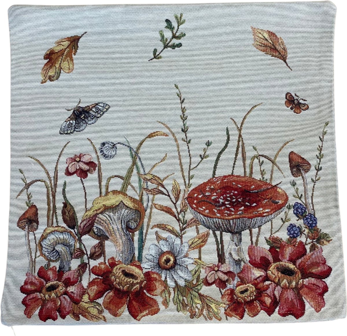 Kussenhoes - luxe gobelinstof - Paddestoelen en herfstbloemen - 45 x 45 cm
