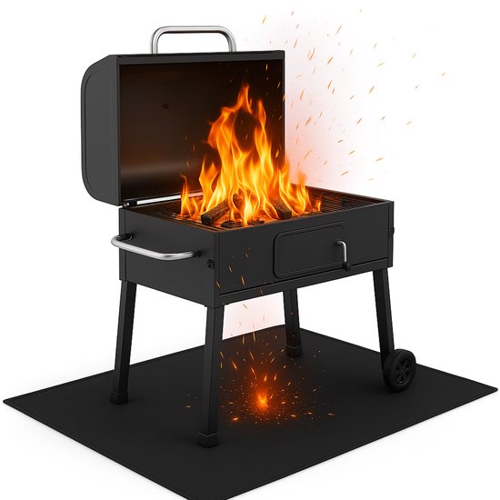 Zwarte mat onder een open barbecue met vlammen en vonken.